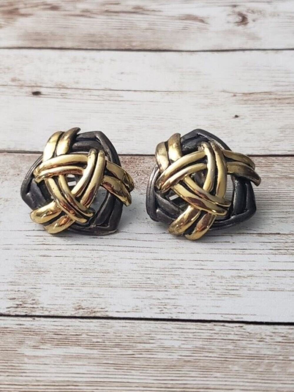 Vintage Clip On Earrings - Triangular Shape Dark Gray & Gold Tone Statement
